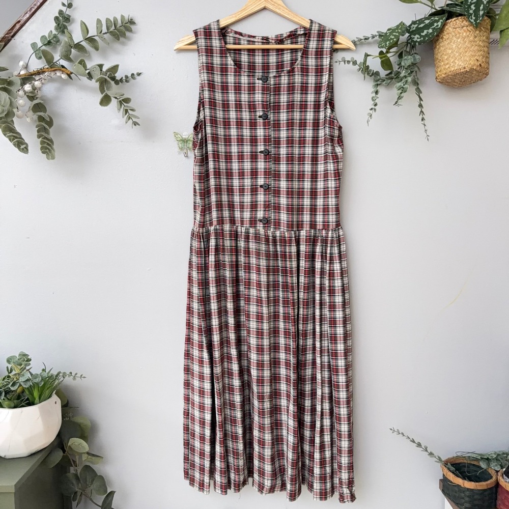 Vtg Handmade Dress Plaid Prairie Cottage Midi Red Green Button Drop Waist Wmns S